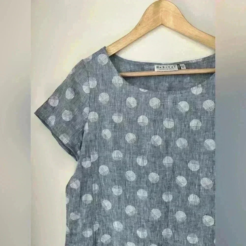 Habitat Women’s 100% Linen Blue Pull Over Polka Dot Travel Coastal Midi Dress XS - Picture 5 of 14